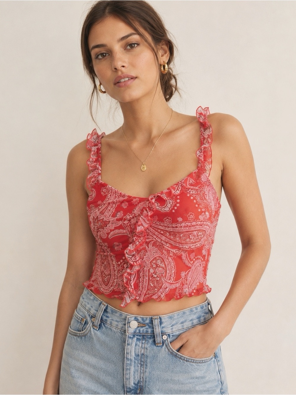 NWT Y2K 90s Bershka Woman Red Paisley Mesh Ruffle Crop Top SMALL Boho Romantic